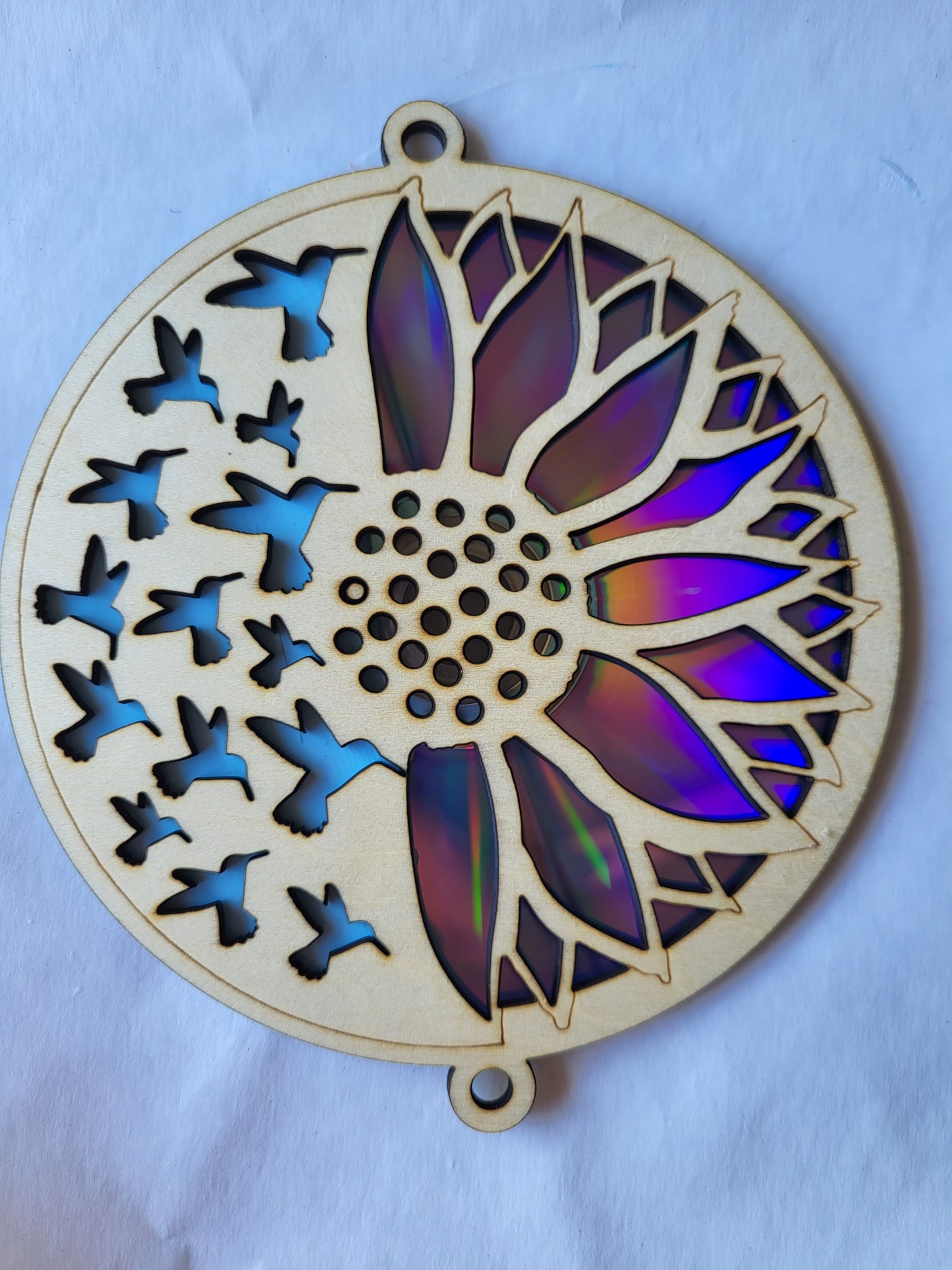 Suncatcher - Repurposed DVD - Hummingbird and Sunflower