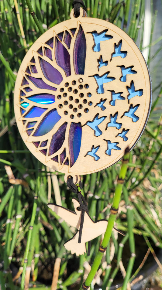 Suncatcher - Repurposed DVD - Hummingbird and Sunflower